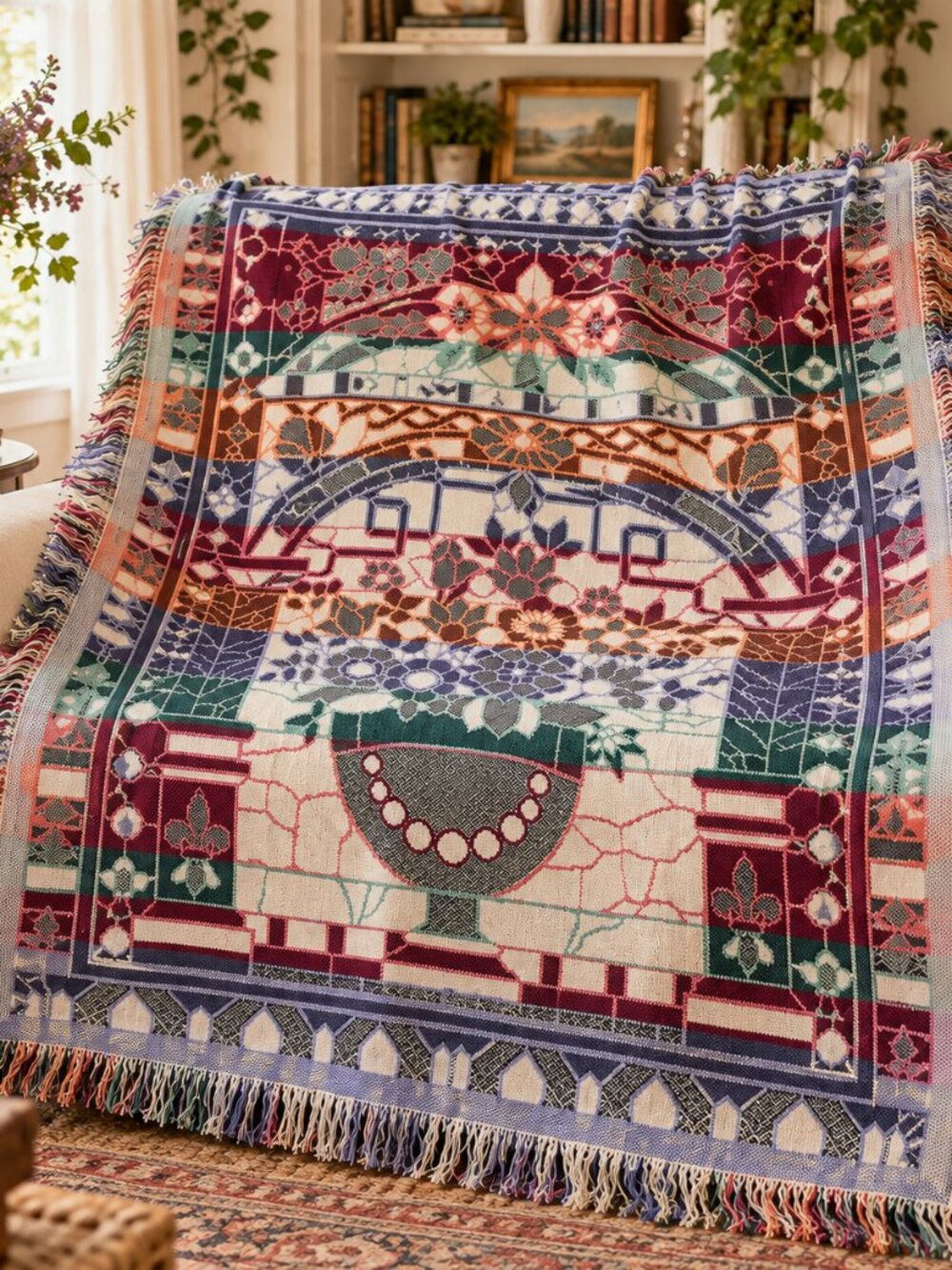 Vintage Woven Tapestry Throw Blanket Floral Garden Fringe 42x53 Cottagecore